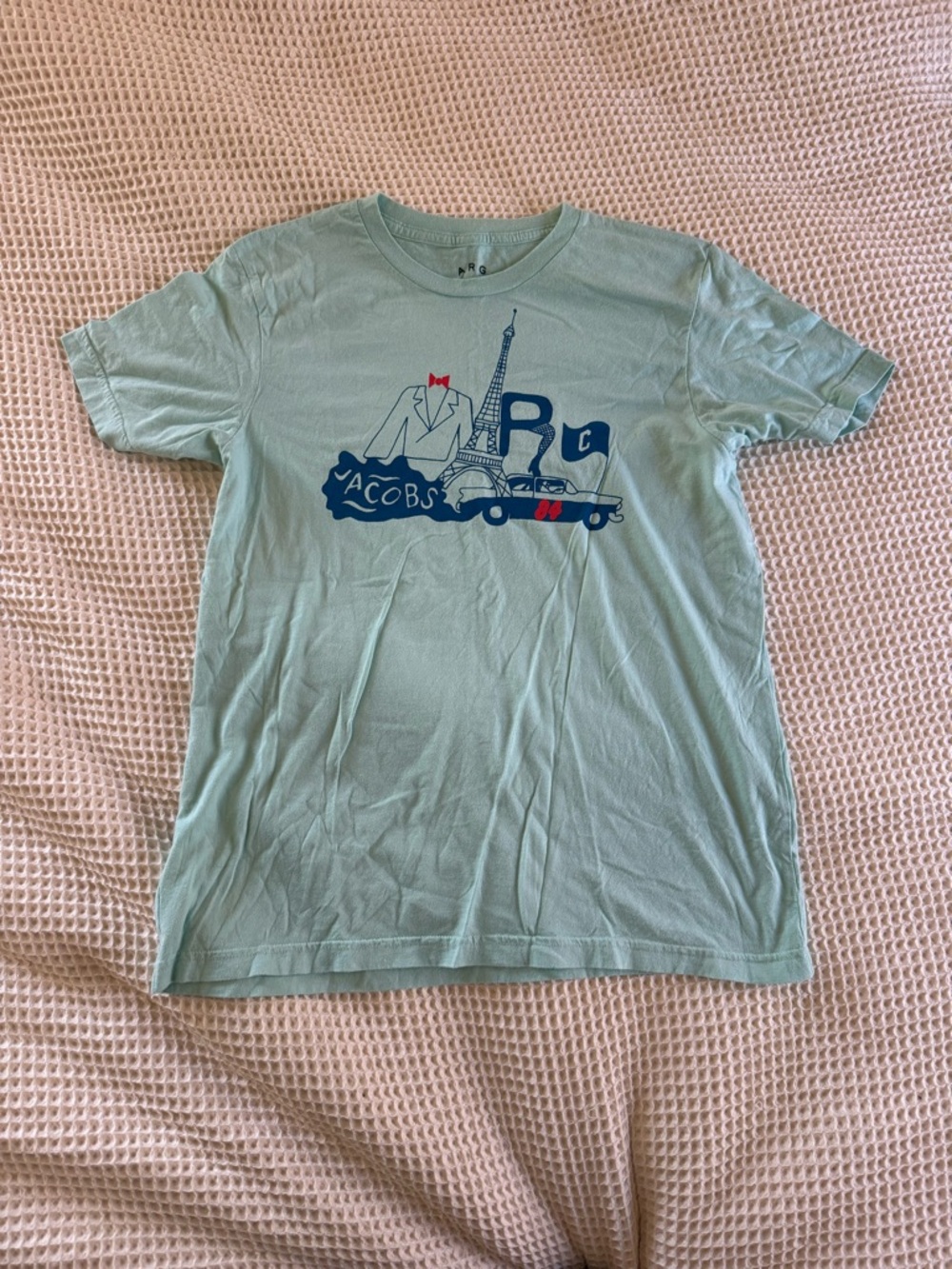 Marc Jacobs Seafoam Green Graphic Tee with Navy and Red Accents
